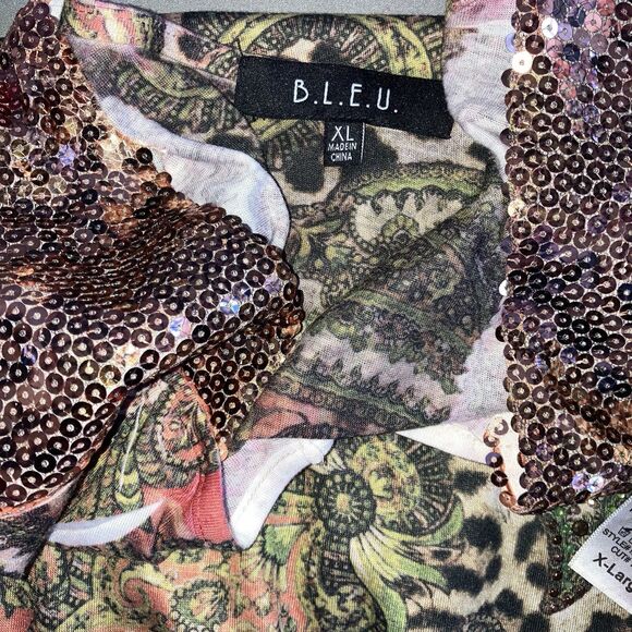 BLEU Rhinestone Sequin Sublimation Print Handkerchief Hemline Tunic Top - Picture 4 of 6